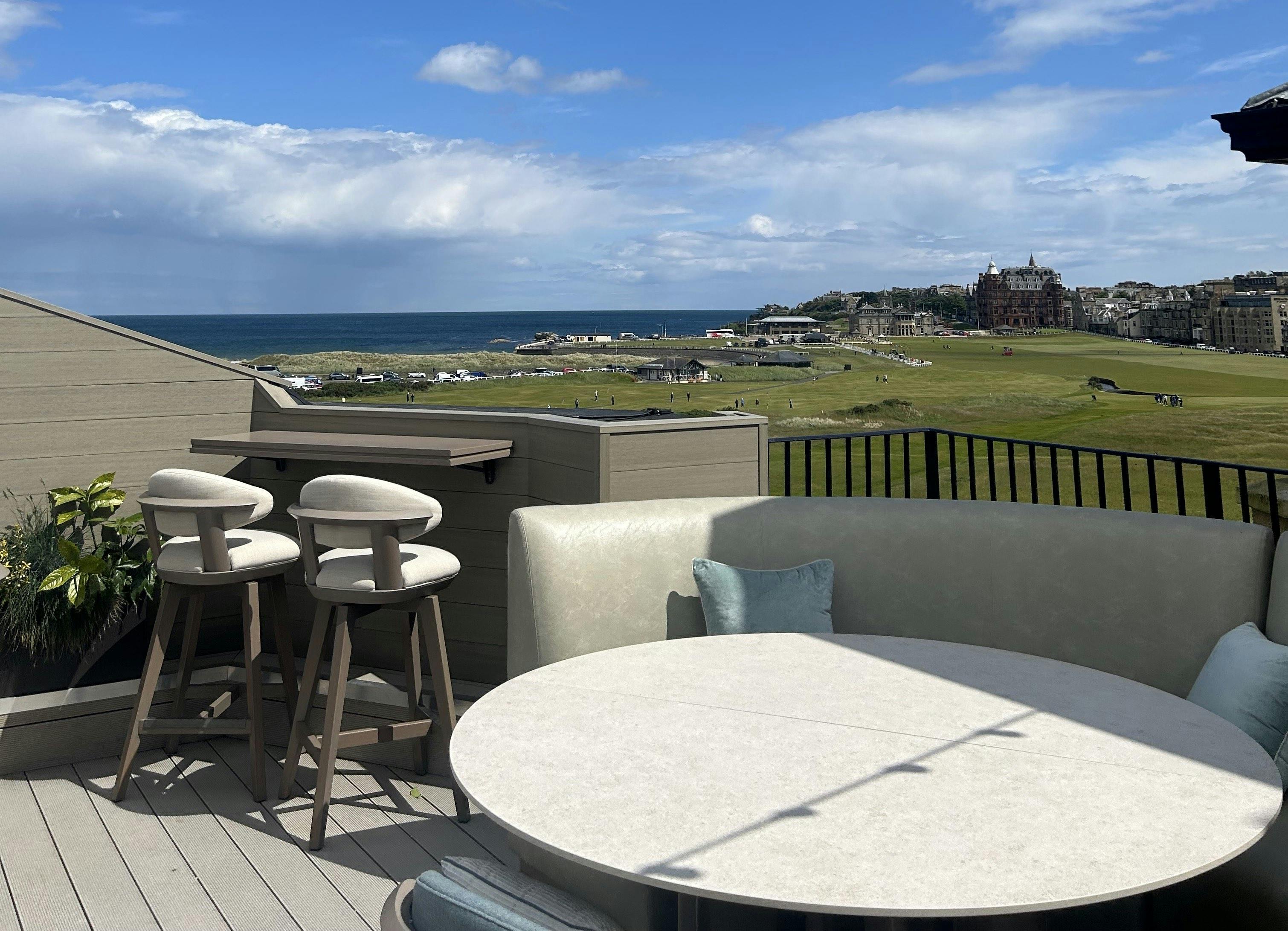 Stunning views overlooking St Andrews Old Course and the sea from the West Deck, The Old Course Hotel