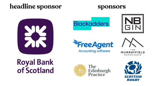 Sponsor logos women on top summit: RBS, Blackadders, Freeagent, The Edinburgh Practice, NB Gin, The Murrayfield Experience, Scottish Rugby